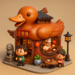 3D Q版迷你風格,一個充滿趣味的迷你全聚德烤鴨餐廳,整體造型如同一隻誘人的烤鴨,金黃酥脆的外皮泛著迷人的光澤。鴨嘴作為門口,雙翼微微張開形成兩側用餐區。透過餐廳圓形的窗戶,能看到內部典雅中式風格裝飾:木質桌椅、紅色燈籠、以及穿著廚師服的迷你人物在精心片制烤鴨。餐廳外的街道上,有可愛的小人偶悠閒地排隊等候,或坐在戶外的小桌旁用餐。四周點綴著石獅子擺件、青花瓷盆栽和中式路燈,呈現出古典京城風韻。整體採用城市微縮景觀風格,細節豐富、逼真,畫面光線柔和溫暖,散發出傳統與現代結合的美食氛圍。