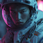 A cinematic movie still of an Asian male space engineer wearing a white and blue spacesuit with a helmet, standing in front of the camera on planet Earth, wearing a futuristic outfit in the style of "Toast Pointed", with vibrant colors, volumetric lighting, detailed skin texture, a slight purple hue to the overall scene, sci-fi elements, and a futuristic atmosphere with a space theme. --ar 2:3