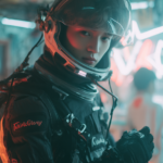 A young Korean male actor in his twenties wearing a futuristic spacesuit with a helmet and a light-up visor, posing for a photoshoot on the set of an alien space station movie scene. The background is an interior spaceship environment with neon lighting and sci-fi equipment. In one hand, he holds a "Talesday" emblem, and we can see its name clearly. The atmosphere is cinematic and dynamic, capturing the essence of high-tech adventure. --ar 2:3