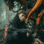 close up.A photo of a man with black short hair,Looking at the camera,wearing streetwear , standing on top of black mechanical parts with orange details. The background is in a techcore, cyberpunk aesthetic. The photograph was taken with a professional Sony Alpha7 IV camera, resulting in a high-resolution image --ar 2:3