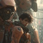 A photo of a muscular man with black hair, Looking at the camera,wearing an orange and black mech armor suit. A large mech behind him. The background features elements from cyberpunk aesthetics. This artwork has a close-up perspective, The photograph was taken with a professional Sony Alpha7 IV camera, resulting in a high-resolution image --ar 2:3