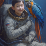 A boy with short hair in an astronaut suit smiles and poses for the camera. Sitting on her shoulder is a parrot with blue, black, yellow, and orange feathers, and a red and white Russian flag on its head. The background is a dark space station with blue lighting, in a photorealistic, high-detail, super-realistic portrait style. --ar 2:3