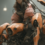A beautiful female pilot sits atop her mech, wearing an exoskeleton suit that is part armor and part . She has long brown hair . The mecha vehicle she sits in combines the look from "Hyper Scape art" to be more realistic and detailed. It's made of orange metal parts and black matte material, with numerous wires running throughout its body. It looks like something taken straight from a science fiction movie. --ar 2:3