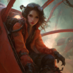 A female pilot in mechanical armor is sitting in the cockpit of an orange-red flying battleship, with long hair and delicate facial features,with high contrast and a highly-detailed, hyper-realistic landscape. Scattered elements add to the dynamic feel, while the dramatic lighting enhances the overall impact.. --ar 2:3