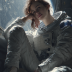 A young woman in an astronaut suit sits inside the space station, looking at the viewer with joyful eyes. The backdrop is the Earth and stars. The style is hyper-realistic, with a detailed depiction of skin texture, realistic lighting, and a space environment. This is a high-resolution, full-body shot, digital art in the style of Michael Bayne. --ar 2:3