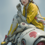 Moira from Overwatch sitting on top of her mech robot, wearing yellow and white with red details,Looking at the camera hyper-realistic photography in the style of a photorealistic artist. --ar 2:3