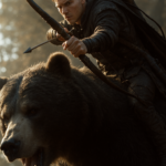 Close up,A photo of a man ranger riding on the back of an armored bear, Look at the camera,fighting with a bow and arrows in hand. The background has a sky and a forest. Bright day sunlight. High detail,The photograph was taken with a professional Sony Alpha7 IV camera, resulting in a high-resolution image --ar 2:3