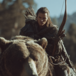 Close up,A photo of a man ranger riding on the back of an armored bear,short hair, Looking at the camera, can see the whole face,fighting with a bow and arrows in hand. The background has a sky and a forest. Bright day sunlight. High detail,The photograph was taken with a professional Sony Alpha7 IV camera, resulting in a high-resolution image --ar 2:3