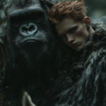 close up.A young man with red short hair and wearing furs, , Looking at the camera, can see the whole face,he is muscular for his age and has an angry expression on his face while riding a gorilla-like creature through the jungle, surrounded by other wild creatures. The photograph was taken with a professional Sony Alpha7 IV camera, resulting in a high-resolution image --ar 2:3