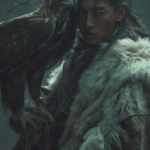 Close up.A photo of a asia Native man with long black hair , Face to camera,wearing animal skin and holding an eagle on his shoulder. The image is photo-realistic, a full-body shot in a cinematic, fantasy setting, resembling a movie still. --ar 2:3