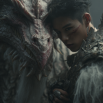 Close up.A photo of a asia man with a short hair,Face to camera wearing fantasy armor, poses for the viewer next to his dragon companion. The photograph was taken with a professional Sony Alpha7 IV camera, resulting in a high-resolution image --ar 2:3