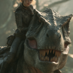 A photo of depiction of a woman riding on the back of a T-Rex dinosaur. She is wearing leather armor and has short hair with bangs.Look at the camera. The background should be a savanna with scattered tree trunk,The photograph was taken with a professional Sony Alpha7 IV camera, resulting in a high-resolution image --ar 2:3