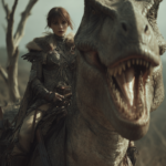 A photo of depiction of a woman riding on the back of a T-Rex dinosaur. She is wearing leather armor and has short hair with bangs.Look at the camera. The background should be a savanna with scattered tree trunk,The photograph was taken with a professional Sony Alpha7 IV camera, resulting in a high-resolution image --ar 2:3