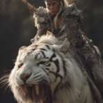Close up.A photo of a female barbarian riding on the back of an tiger, a white tiger with black spots and large fangs, in a fantasy setting.he photograph was taken with a professional Sony Alpha7 IV camera, resulting in a high-resolution image --ar 2:3