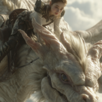 Close up,A photo of a girl riding a white dragon,Face to camera, flying through clouds. The detailed face shows a smile and open eyes. The girl has brown hair in a ponytail braid on top of her head, and is wearing leather armor,The photograph was taken with a professional Sony Alpha7 IV camera, resulting in a high-resolution image --ar 2:3