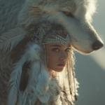 A beautiful Native American woman Face to camera, wearing traditional with white fur and feathers, standing next to an oversized giant wolf, in the style of digital art, cinematic lighting, cinematic lighting, bokeh effect, detailed skin texture, detailed hair, detailed eyes, high-resolution photography, insanely sharp focus, hyper-realistic details, super-detailed face, natural lighting, ultra-detailed photograph --ar 2:3